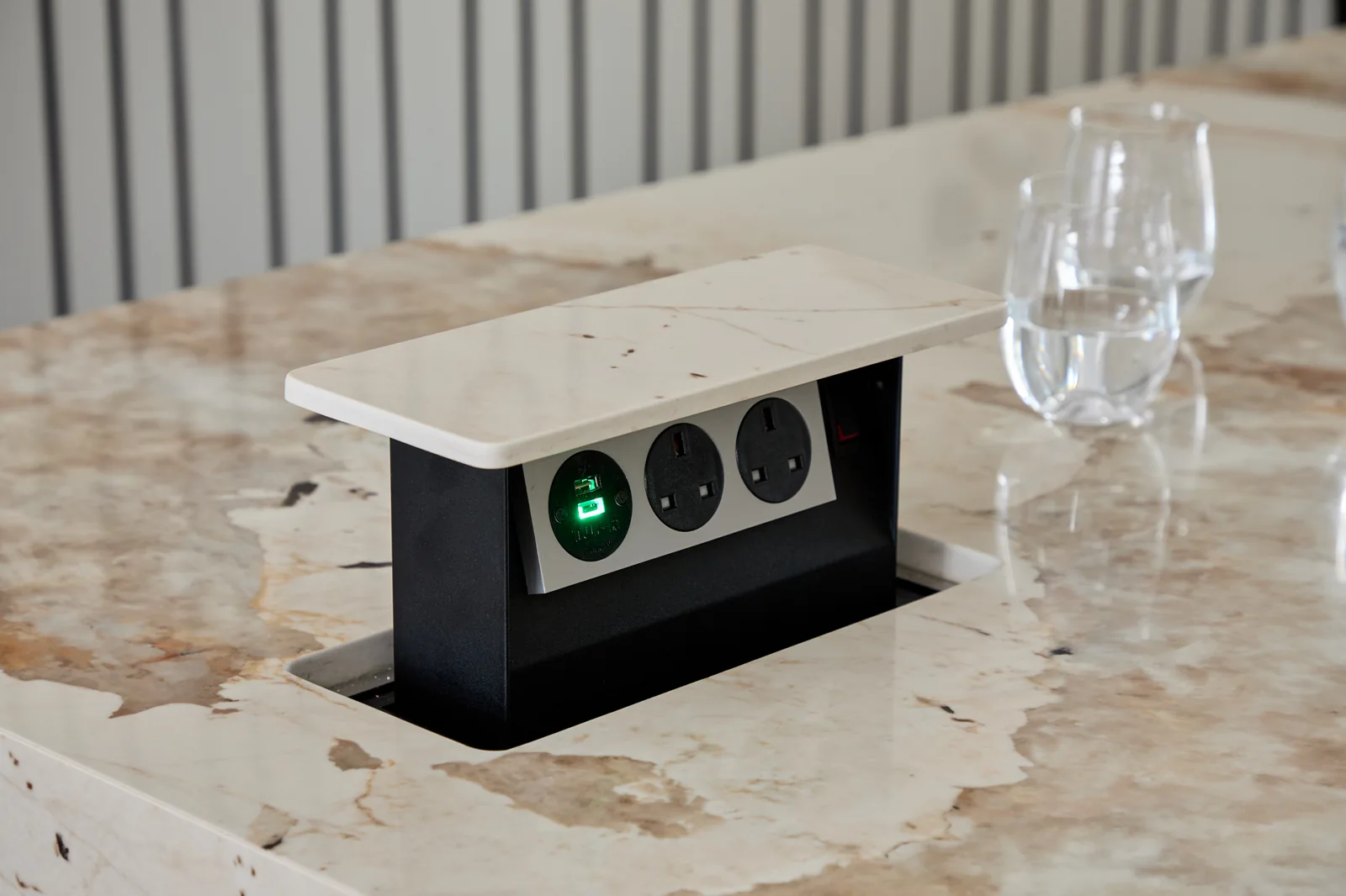 Pop-up electrical socket within the Luxury of London island worktop